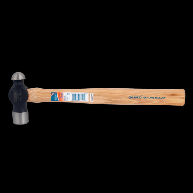 Draper 24oz wood ball pein hammer with high carbon steel head and hickory handle, ideal for metalworking and DIY projects.
