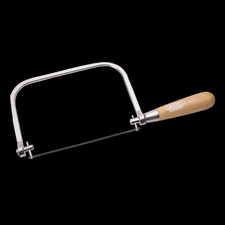 DRAPER Coping Saw Frame with chrome-plated robust design, ergonomic handle, and 360-degree pivoting blade for intricate woodwork.