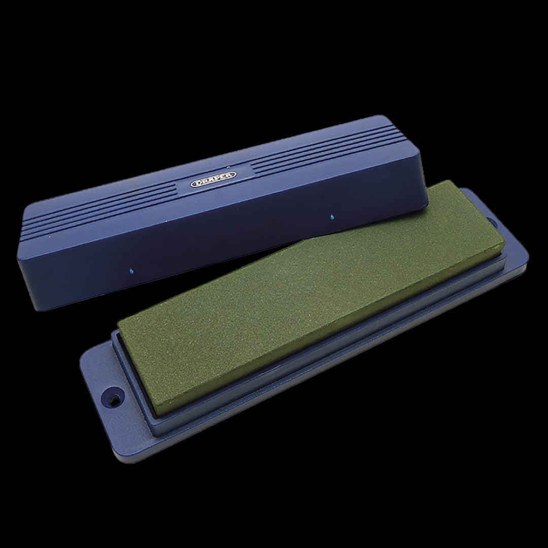 DRAPER Sharpening Stone with dual surfaces in a protective box, perfect for maintaining razor-sharp edges on various tools.