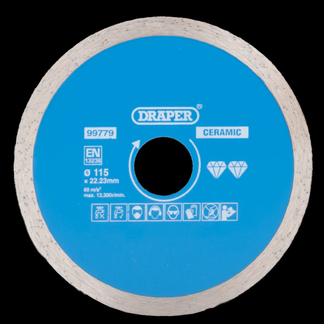 Draper 115mm Continuous Diamond Blade designed for precise cutting of ceramic and stone tiles, ideal for wet and dry applications.