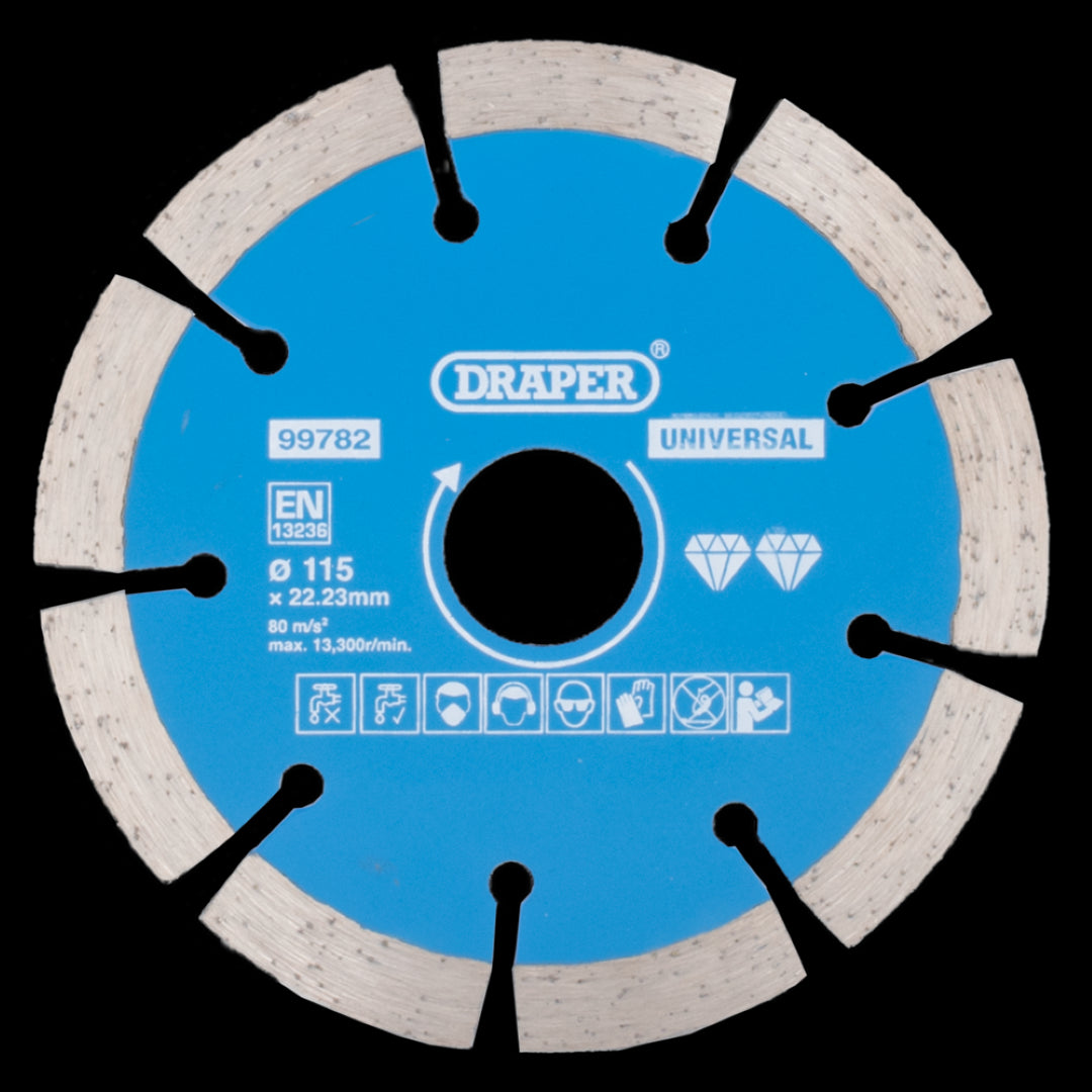 DRAPER 115mm Segmented Diamond Blade for precise cutting through concrete, bricks, and stone, compatible with most angle grinders.