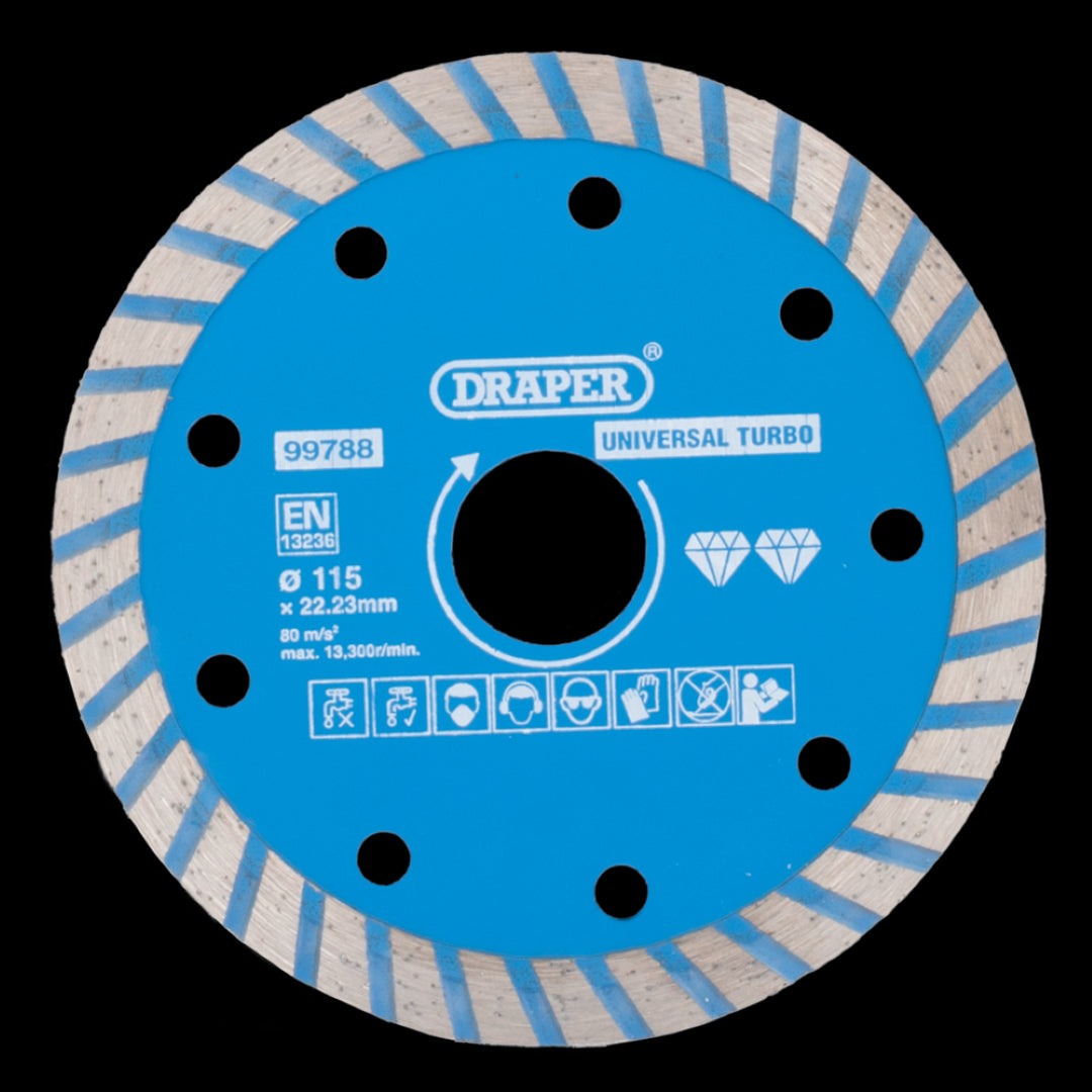 DRAPER 115mm Turbo Diamond Blade designed for fast, smooth cuts in granite, marble, and stone; ideal for angle grinders.