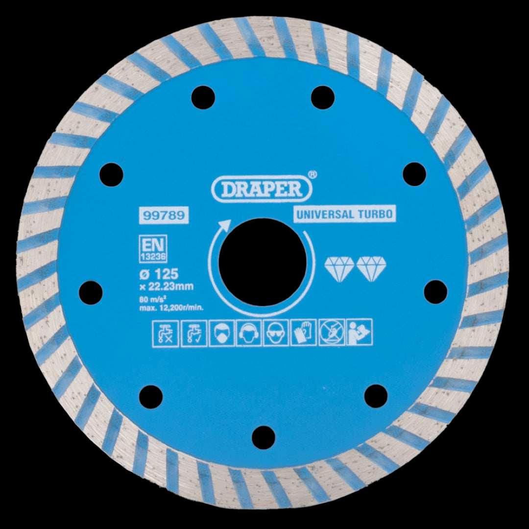 DRAPER 125mm Turbo Diamond Blade for smooth, precise cutting of granite, marble, and stone with a continuous turbo rim.