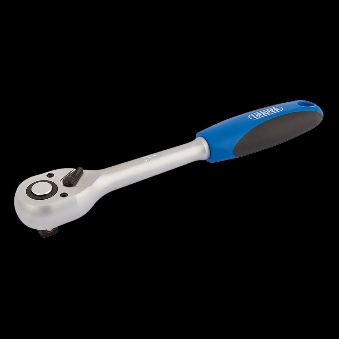 DRAPER Reversible Soft Grip Ratchet featuring durable chrome vanadium steel, 72-tooth mechanism, and ergonomic soft grip handle.
