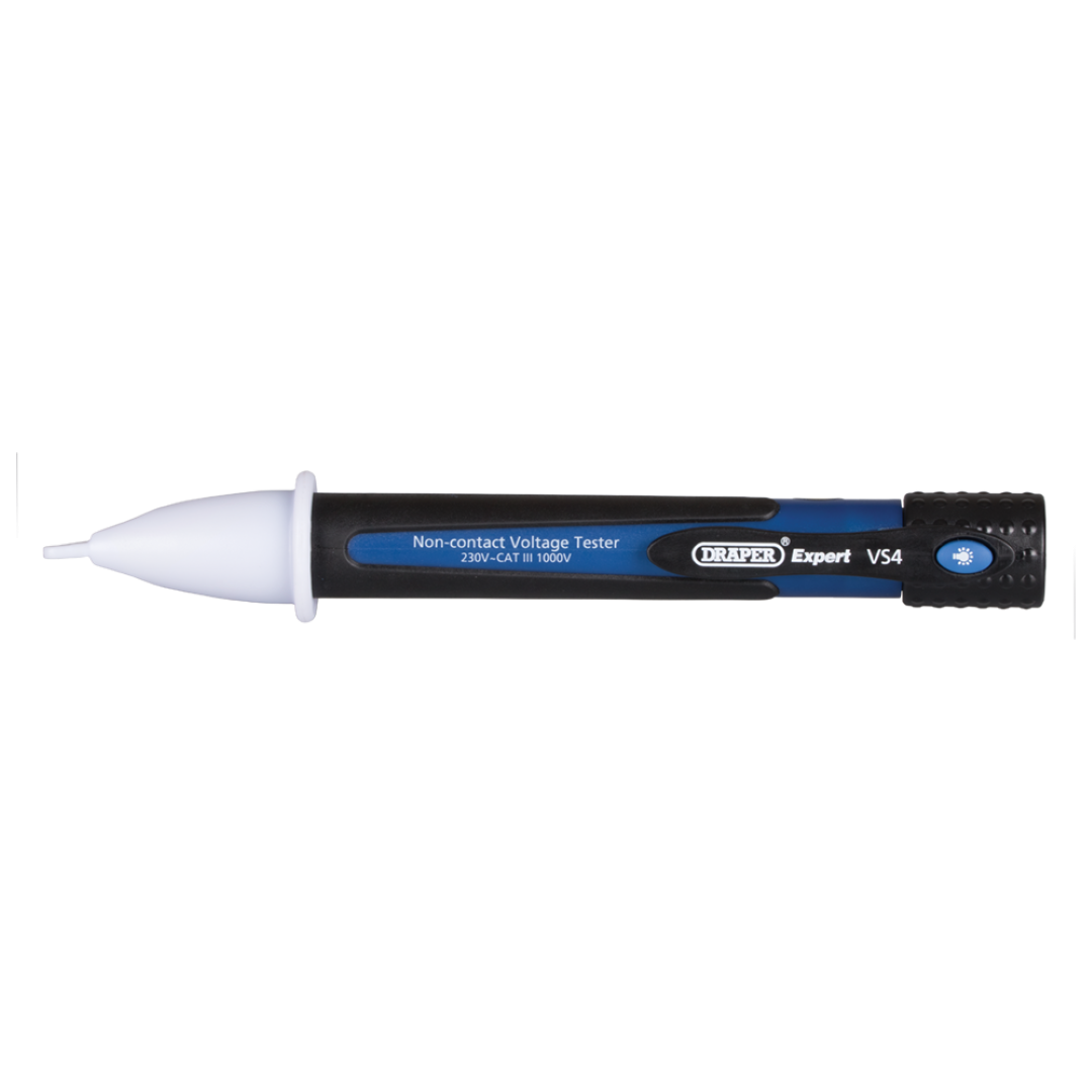 DRAPER Non-Contact Voltage Tester detects 100-600V AC, featuring audible/visual indicators and an inspection lamp for safety.