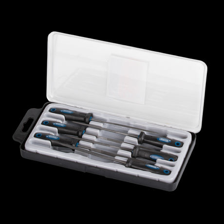 DRAPER Needle File Set - 6 high carbon steel files with soft-grip handles for precision work and intricate detailing.