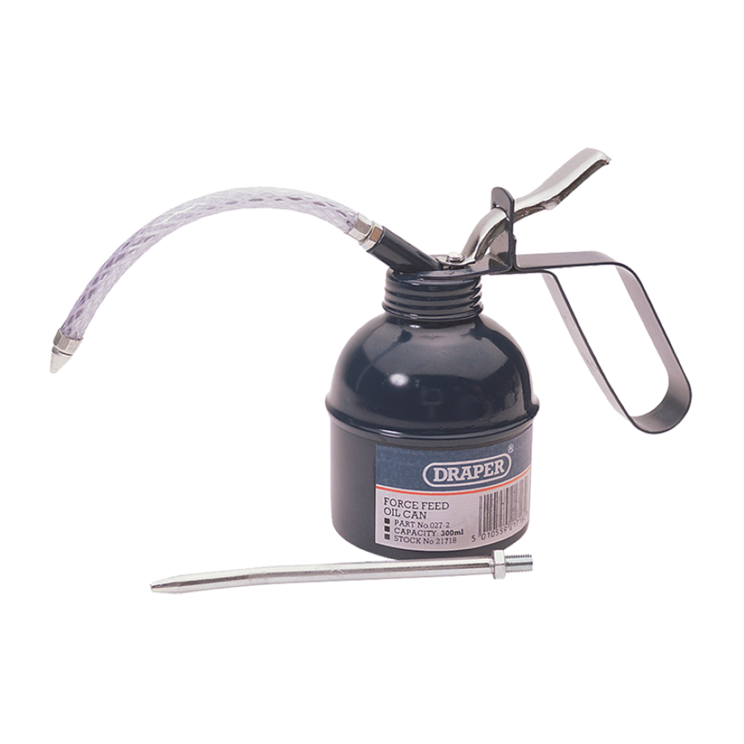 Draper 300ml Force Feed Oil Can with flexible spout for precise lubrication in hard-to-reach areas.