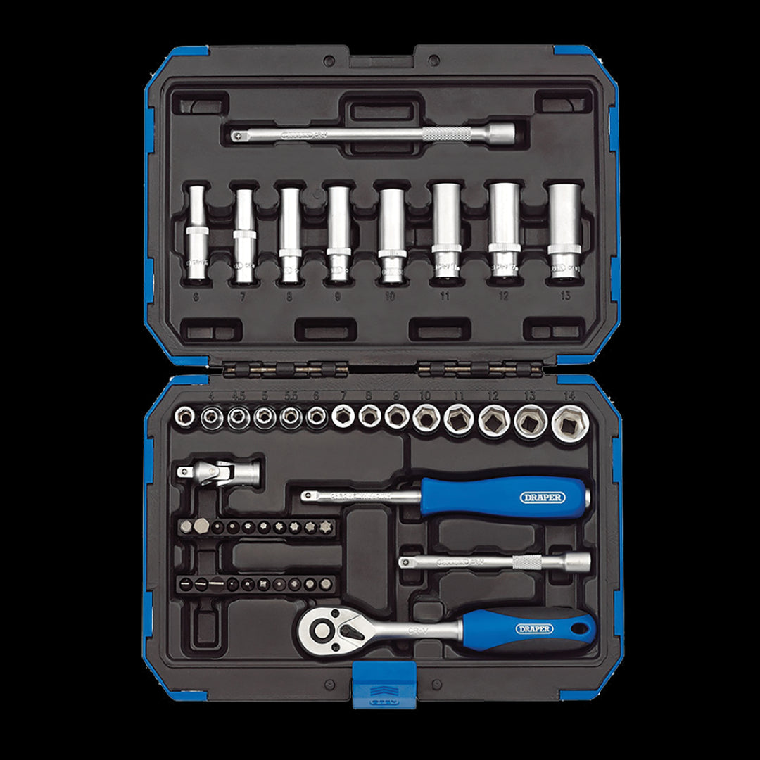 47-piece DRAPER metric socket set with chrome vanadium steel, 72-tooth ratchet, and rugged storage case for efficient repairs.