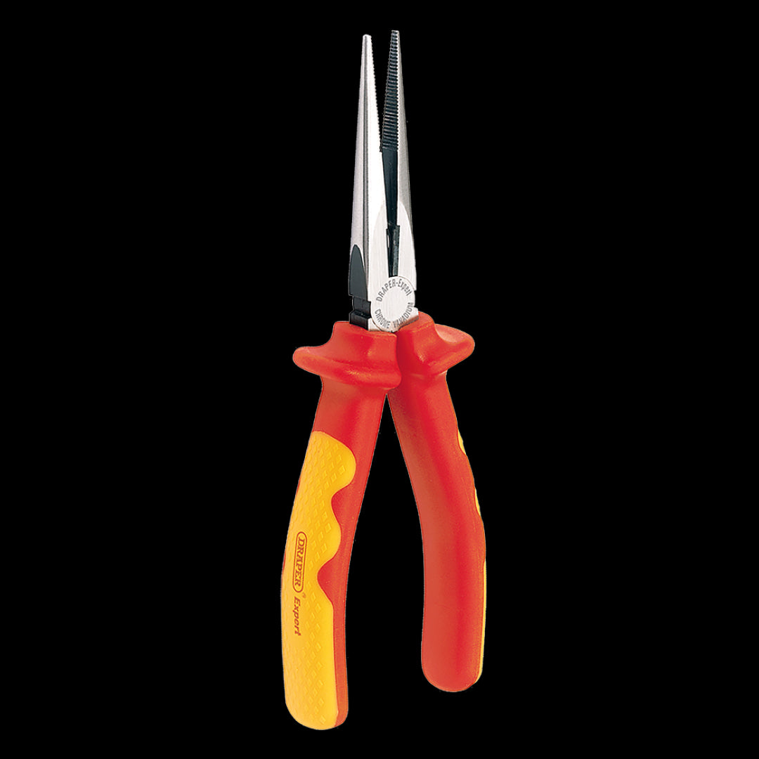 DRAPER 200mm VDE Long Nose Plier with insulated grip, ideal for electrical tasks and precision work, safe up to 10,000V.