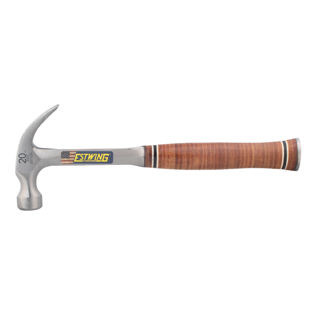 ESTWING 20oz Leather Grip Claw Hammer with solid steel construction and comfortable leather grip, ideal for precision tasks.