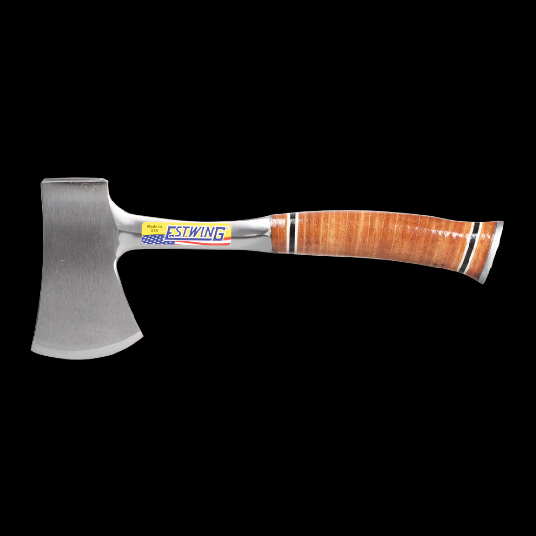 ESTWING Leather Grip Sportman's Axe with polished steel head and genuine leather grip, ideal for camping and woodworking.