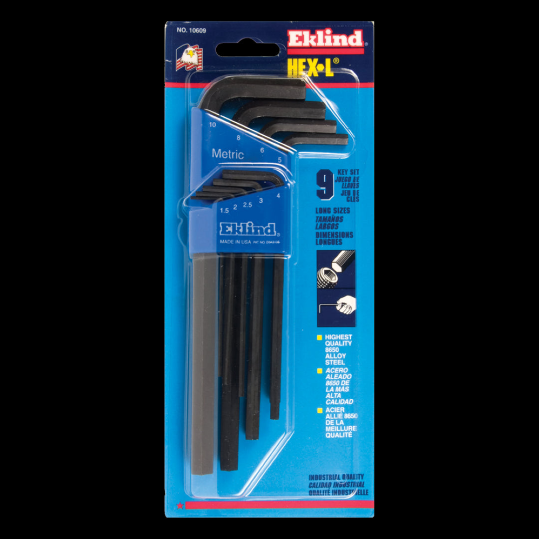 EKLIND Long Metric Hex Key Set featuring 9 durable steel keys with sleek black finish, perfect for precise fastening tasks.