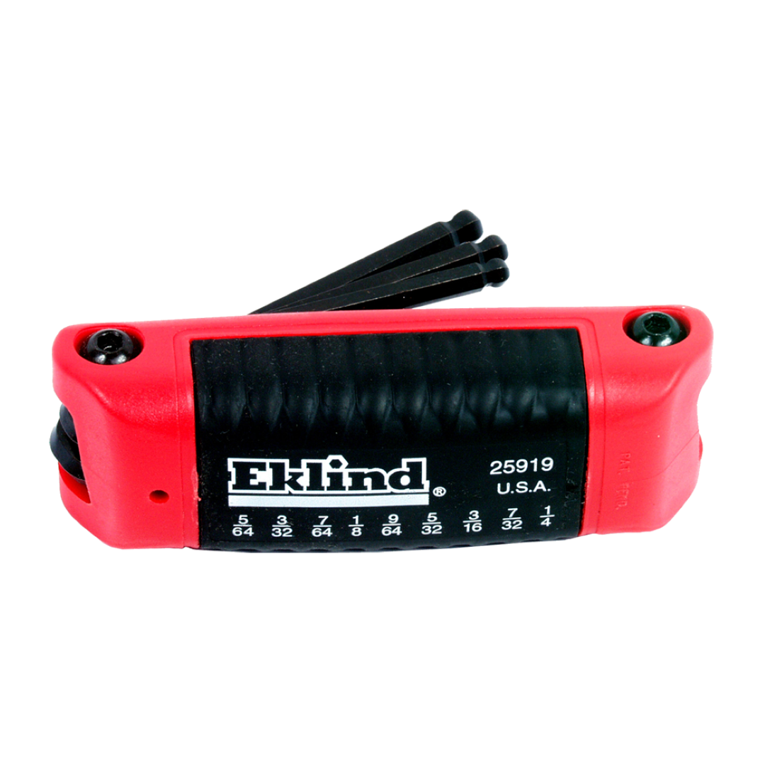 9-piece EKLIND Ergo-Fold Ball Key Set featuring durable alloy steel and 30-degree ball end for tight spaces.