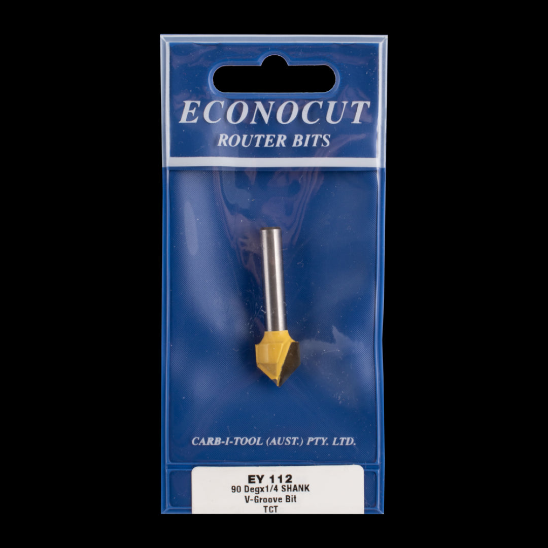 ECONOCUT 90° Vee Groove Bit - carbide-tipped, two-flute design for smooth woodworking cuts and precision finishes.