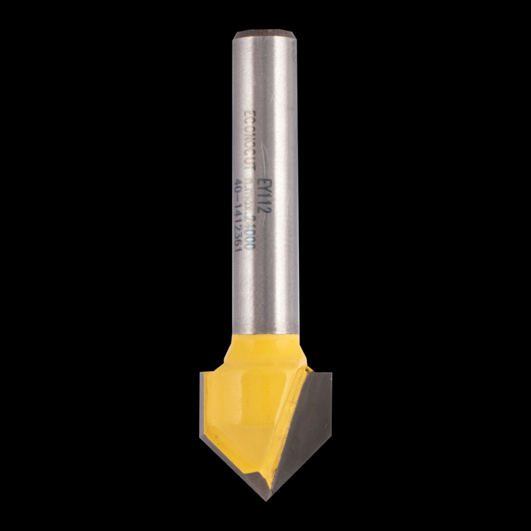 ECONOCUT 90° Vee Groove Bit, carbide-tipped, 2-flute design for precise cuts and decorative woodworking projects.