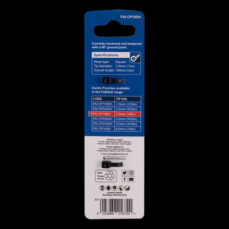 FAITHFULL Centre Punch, 3mm x 100mm, perfect for precision marking on metal, wood, and plastic with a secure square head design.
