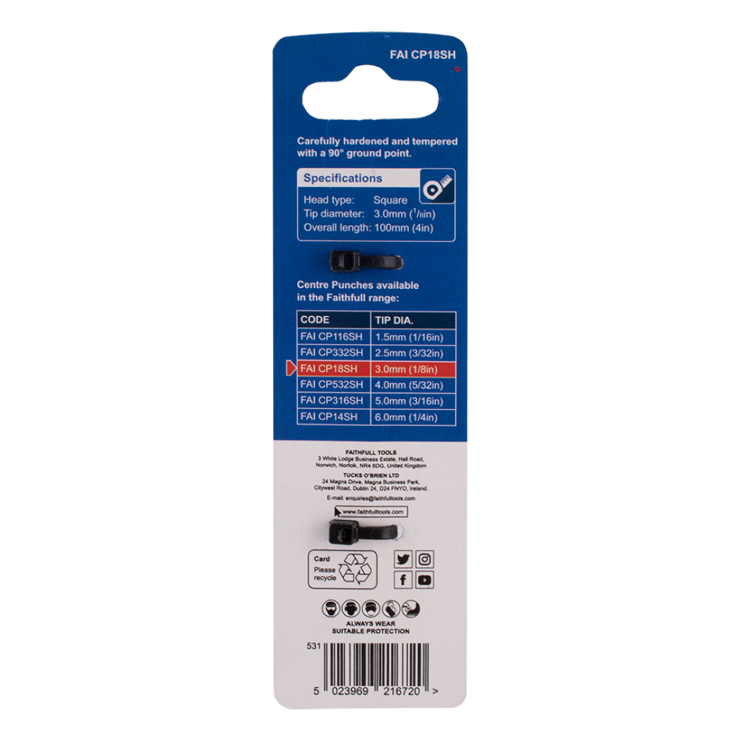 FAITHFULL Centre Punch, 3mm x 100mm, perfect for precision marking on metal, wood, and plastic with a secure square head design.