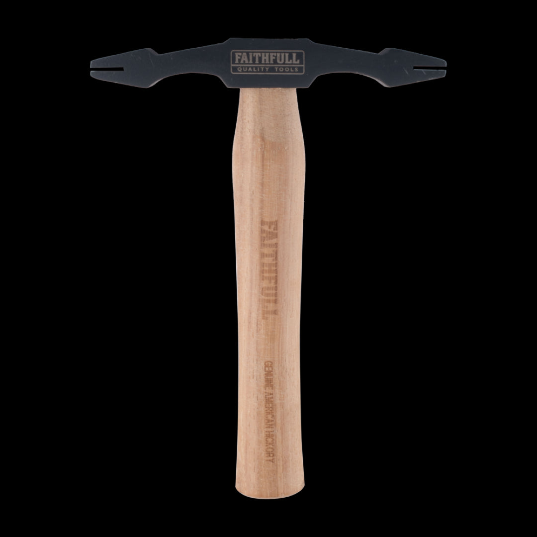 Faithfull Hickory Double Scutch Hammer with dual comb slots, sturdy hickory handle, ideal for masonry and brickwork refinement.