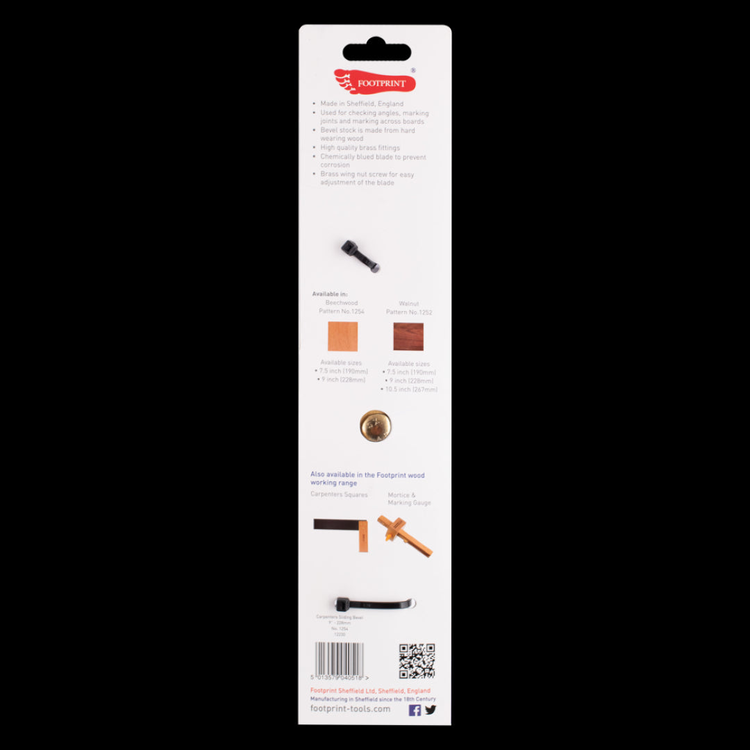 FOOTPRINT 228mm Carpenters Sliding Bevel with brass wing nut, corrosion-resistant blade, and lightweight Beechwood handle.