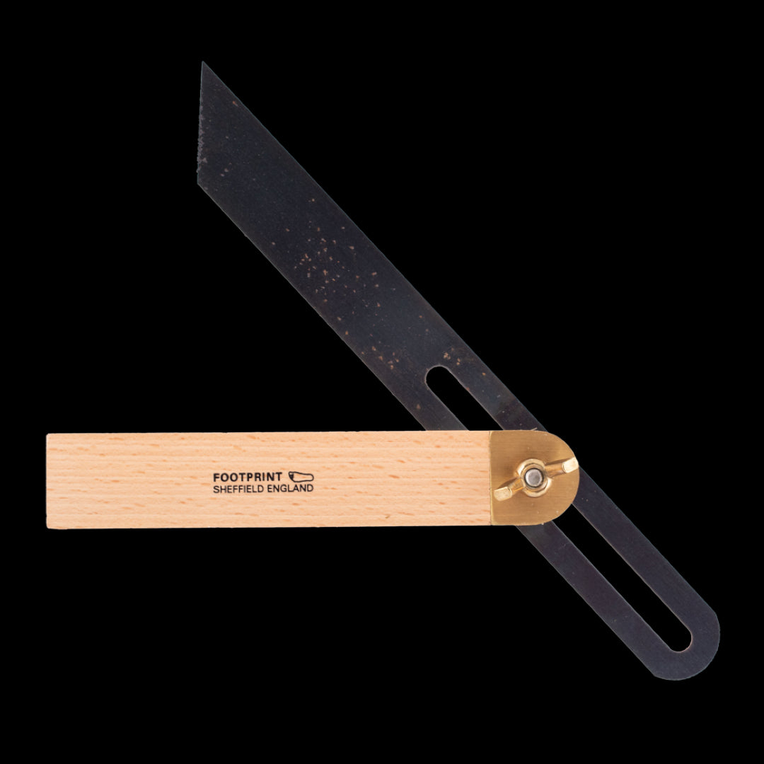 FOOTPRINT 228mm Carpenters Sliding Bevel with brass wing nut, chemically blued blade, and Beechwood handle for precise angle measurements.