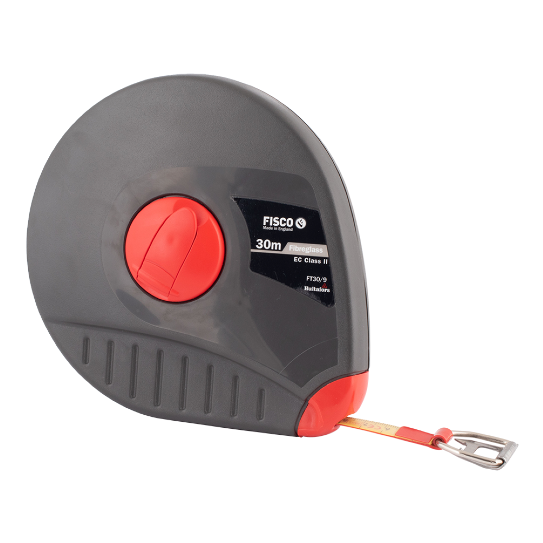 FISCO 30m Futura Measuring Tape with fibreglass construction, accurate millimeter markings, and durable PVC coating.