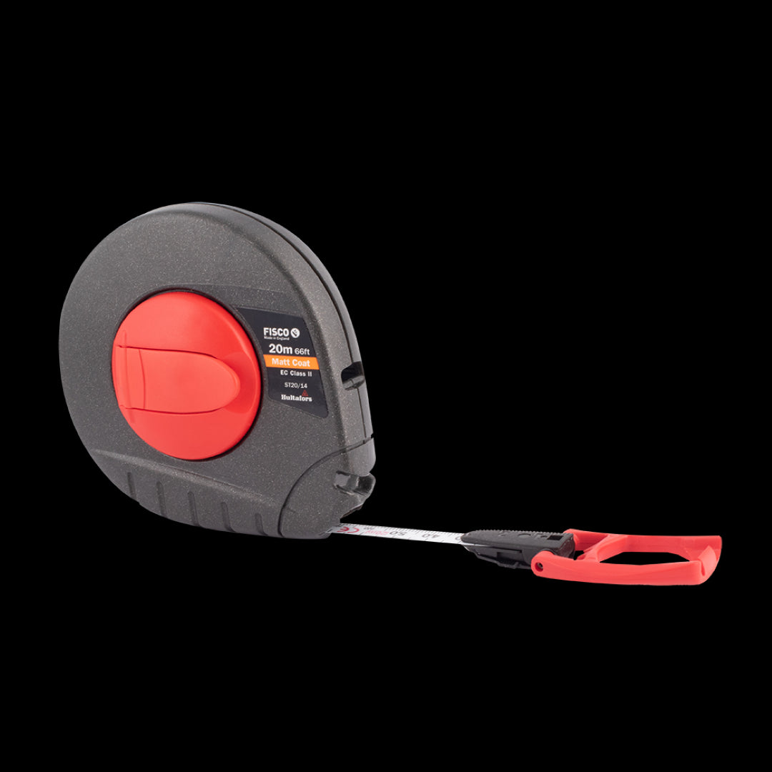 FISCO 20m/66ft Satellite Measuring Tape with durable Matt Coat, double-sided markings, and triple-action end-loop for accurate measurements.