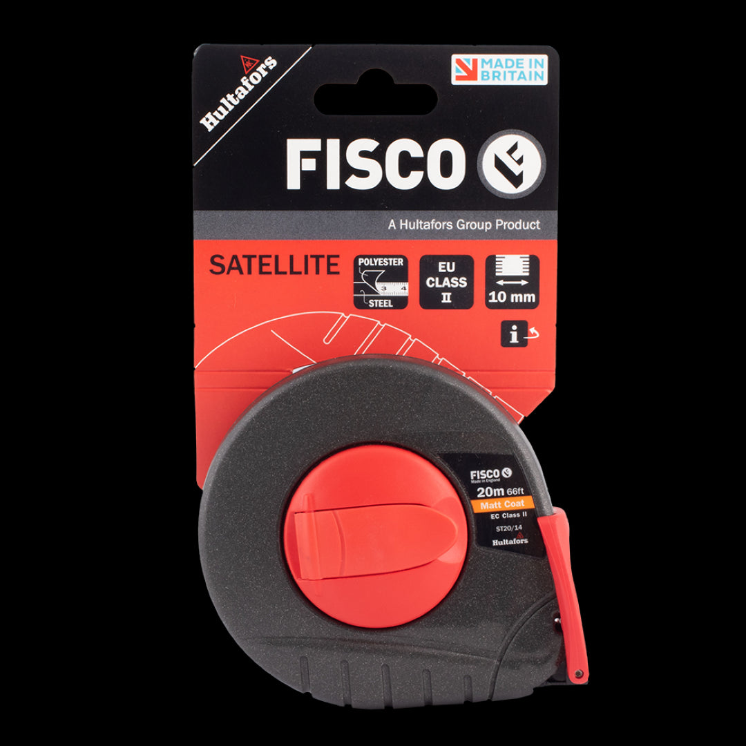 FISCO 20m Satellite Measuring Tape with durable coated steel blade, double-sided markings, and innovative end-loop for secure anchoring.