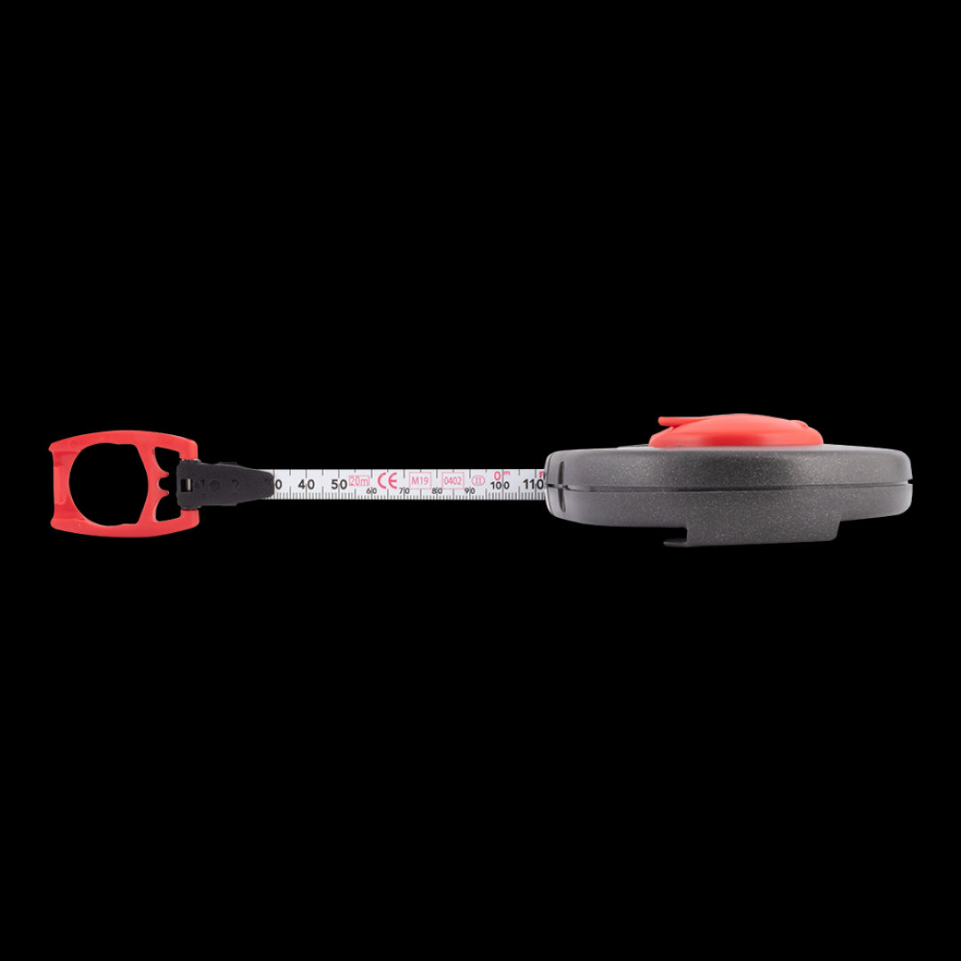 FISCO 20m Satellite Measuring Tape with durable matte coat, double-sided markings, and secure anchoring features.