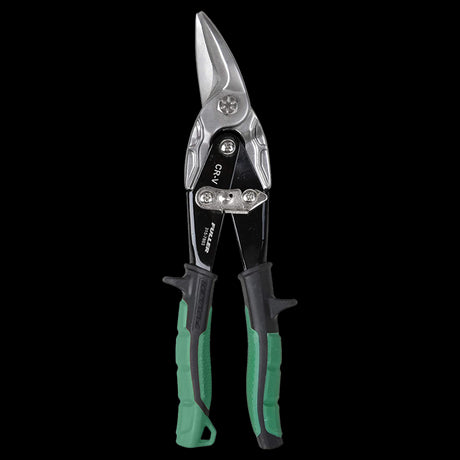 FULLER Green Aviation Snip - Right Cut with serrated blades, ergonomic grip, and safety latch for precision cutting.