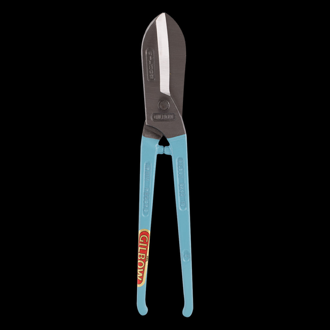 GILBOW 250mm straight tin snips, durable carbon steel, designed for precise cutting of metal, aluminum, and plastics.