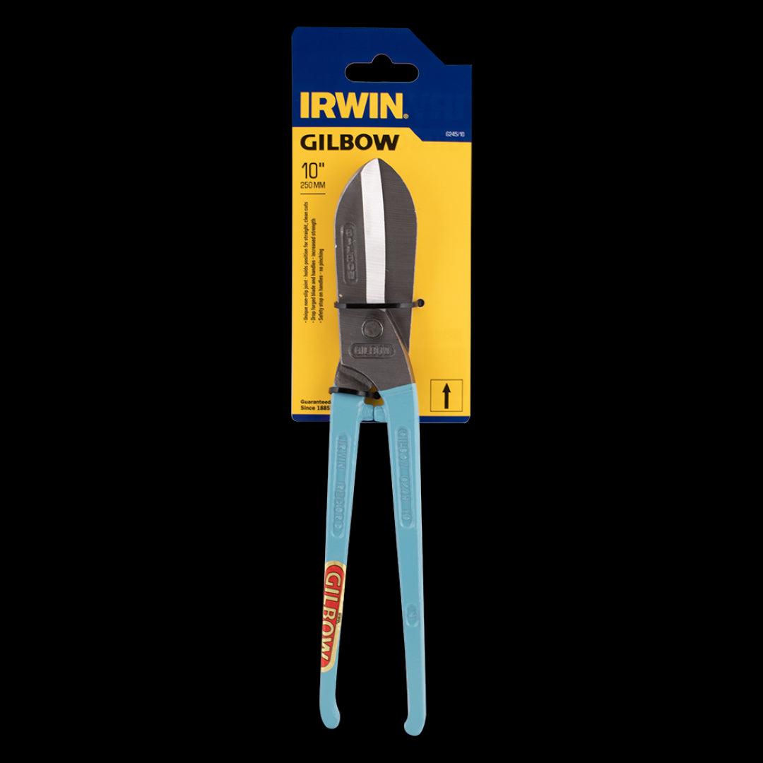 GILBOW 250mm straight tin snips for cutting sheet metal and plastics, featuring durable carbon steel and ergonomic design.