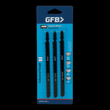 GFB 6tpi Heavy Duty T-Shank Jigsaw Blades in a 3-piece set, designed for precise cuts in wood, laminate, and plastics.