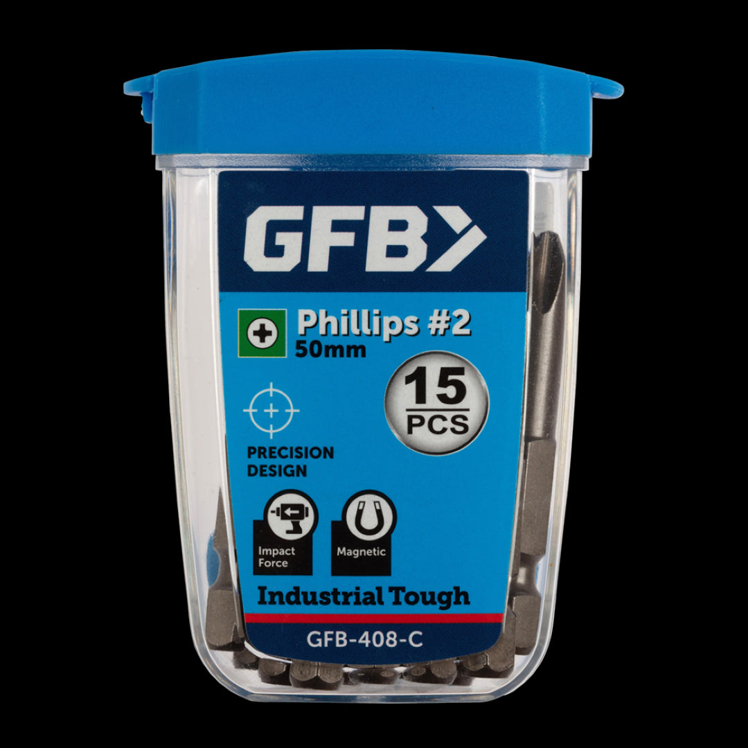GFB No.2 Phillips Bit 50mm, 15-pack for precise fastening and durability, ideal for professionals and DIY projects.