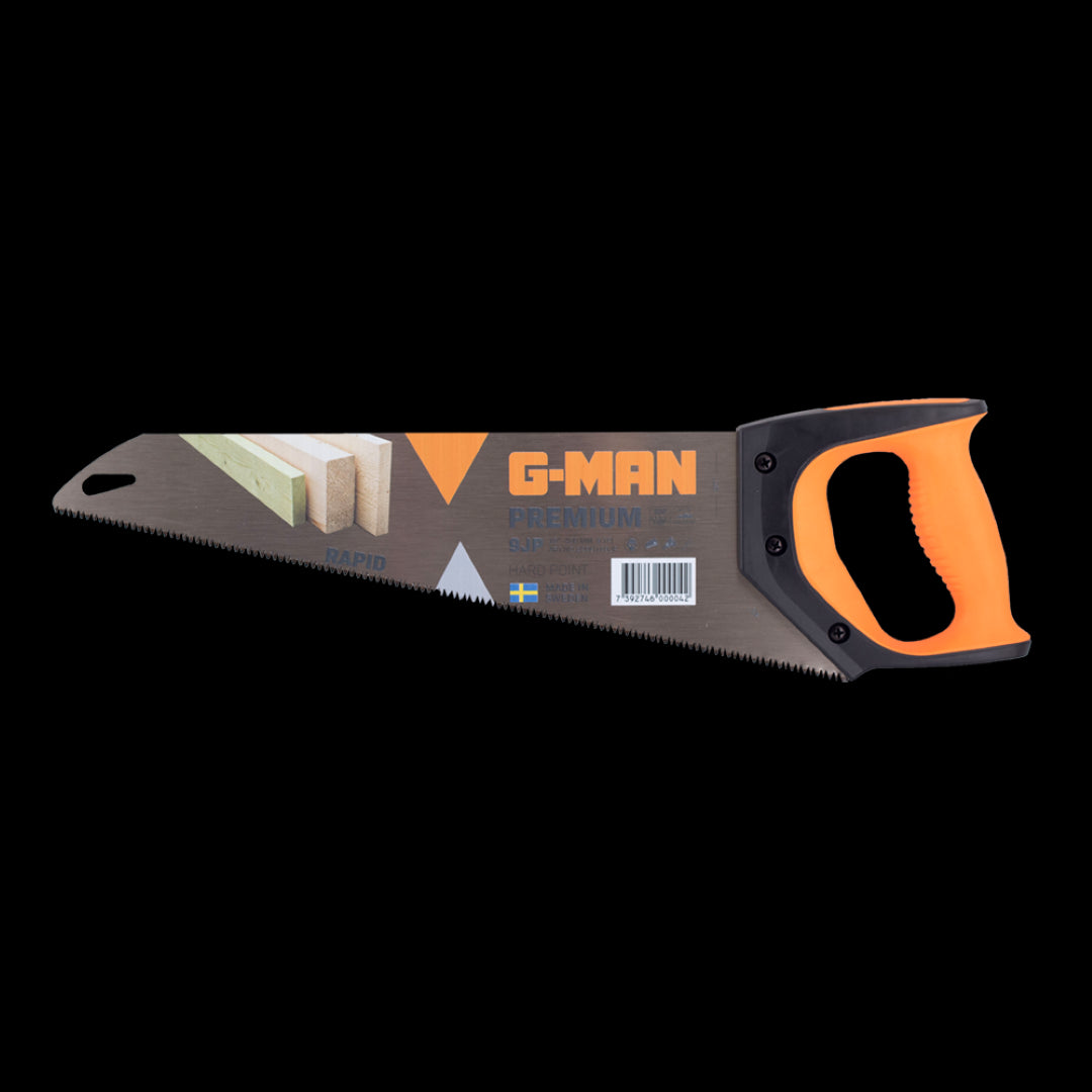 G-MAN 400mm Premium Hand Saw with ergonomic grip, 3-edge teeth for efficient cutting in woodworking and gardening.