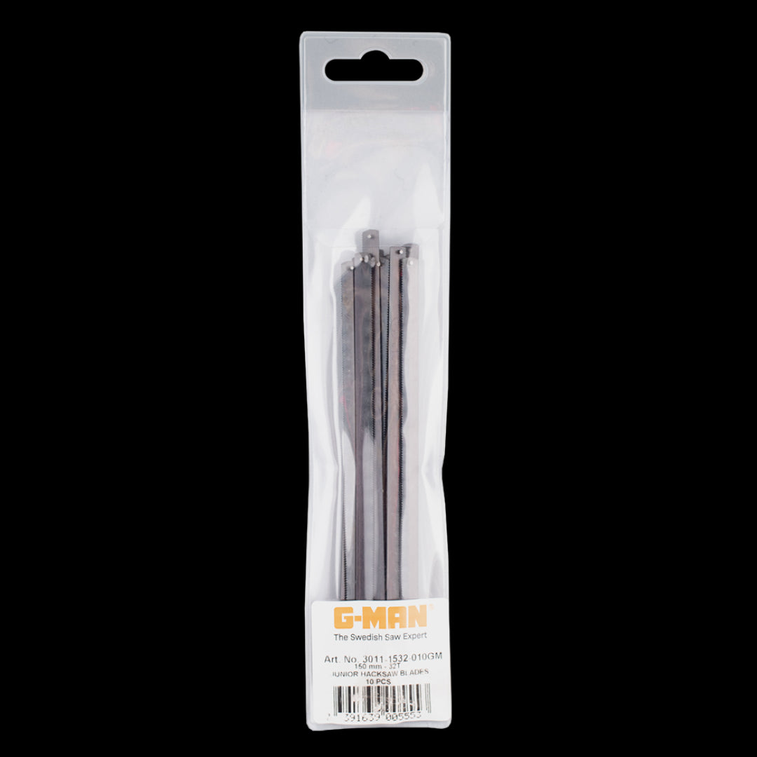 G-MAN Junior Hacksaw Blade 10 Pack, premium carbon steel with 32 TPI for precise cuts on metal and plastic.
