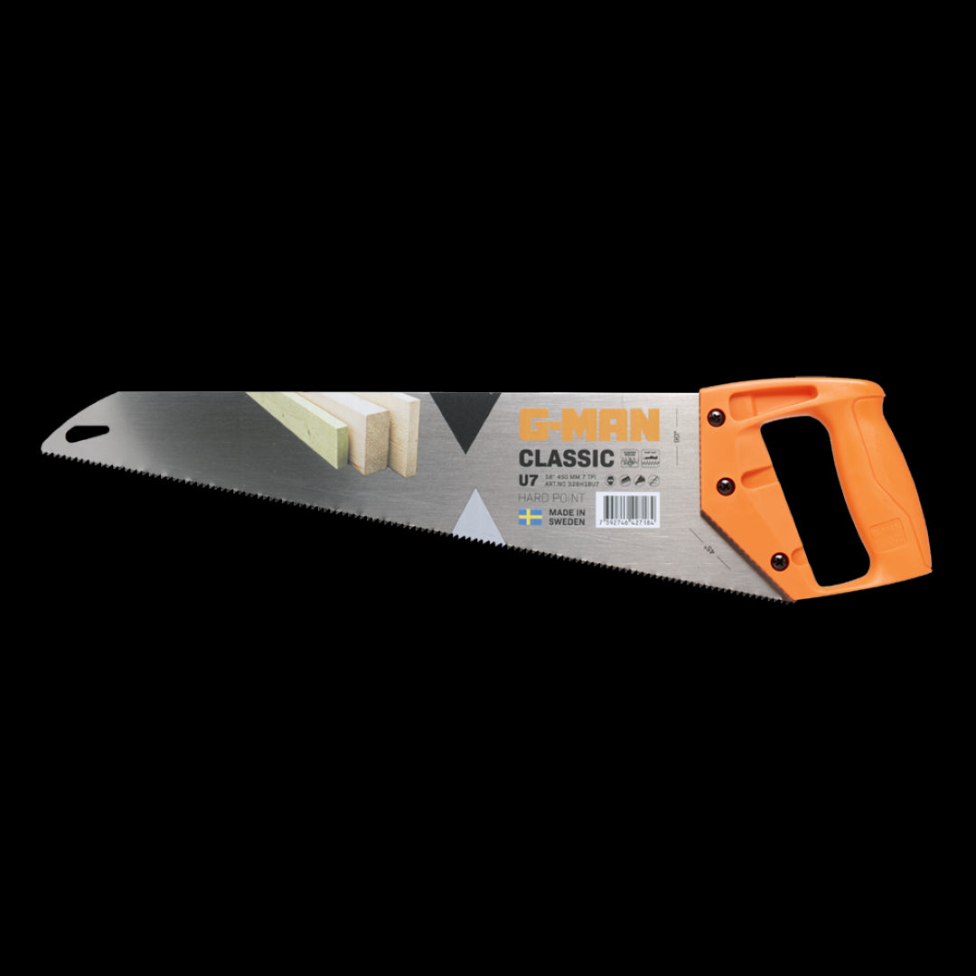 G-MAN 450mm Hand Saw Classic with orange handle, durable hardpoint finish, and diamond ground teeth for precise cutting.