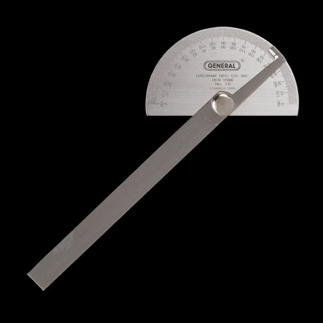 GENERAL Round Head Protractor with stainless steel construction, 6-inch adjustable arm, and etched graduations for precise angle measurement.