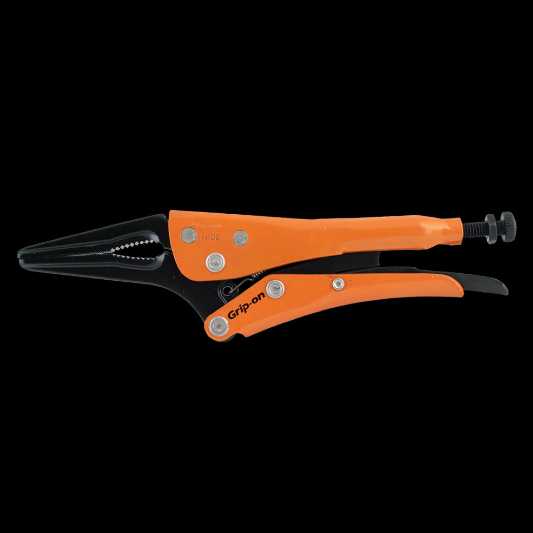 GRIP-ON 175mm Long Nose Locking Plier with adjustable jaws, curved design for gripping, and corrosion-resistant steel construction.