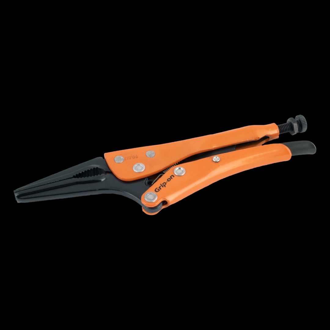 GRIP-ON 175mm Long Nose Locking Plier with adjustable jaws for secure gripping in tight spaces and corrosion-resistant finish.