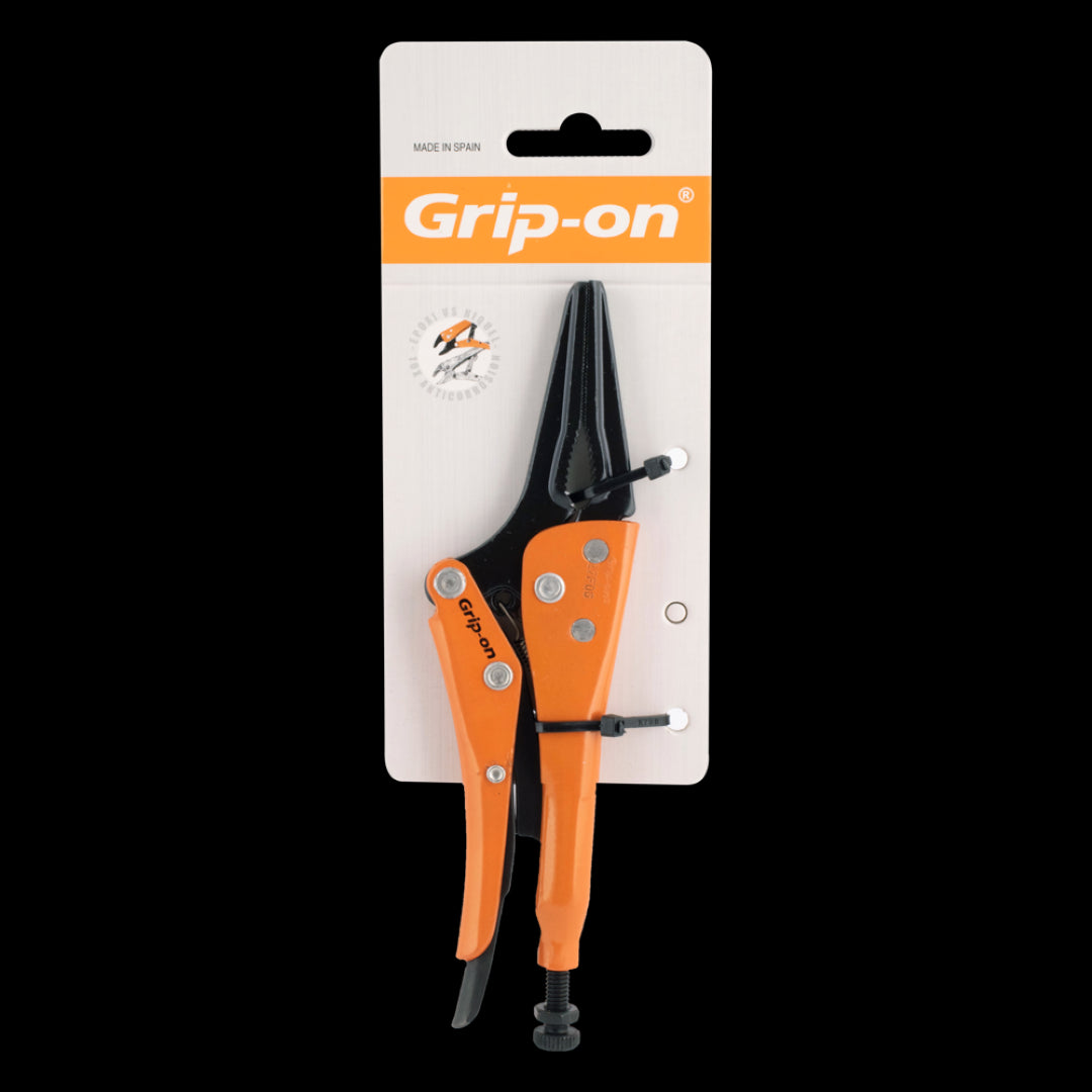GRIP-ON 175mm Long Nose Locking Plier with curved jaws, adjustable opening, and corrosion-resistant steel for precision gripping.