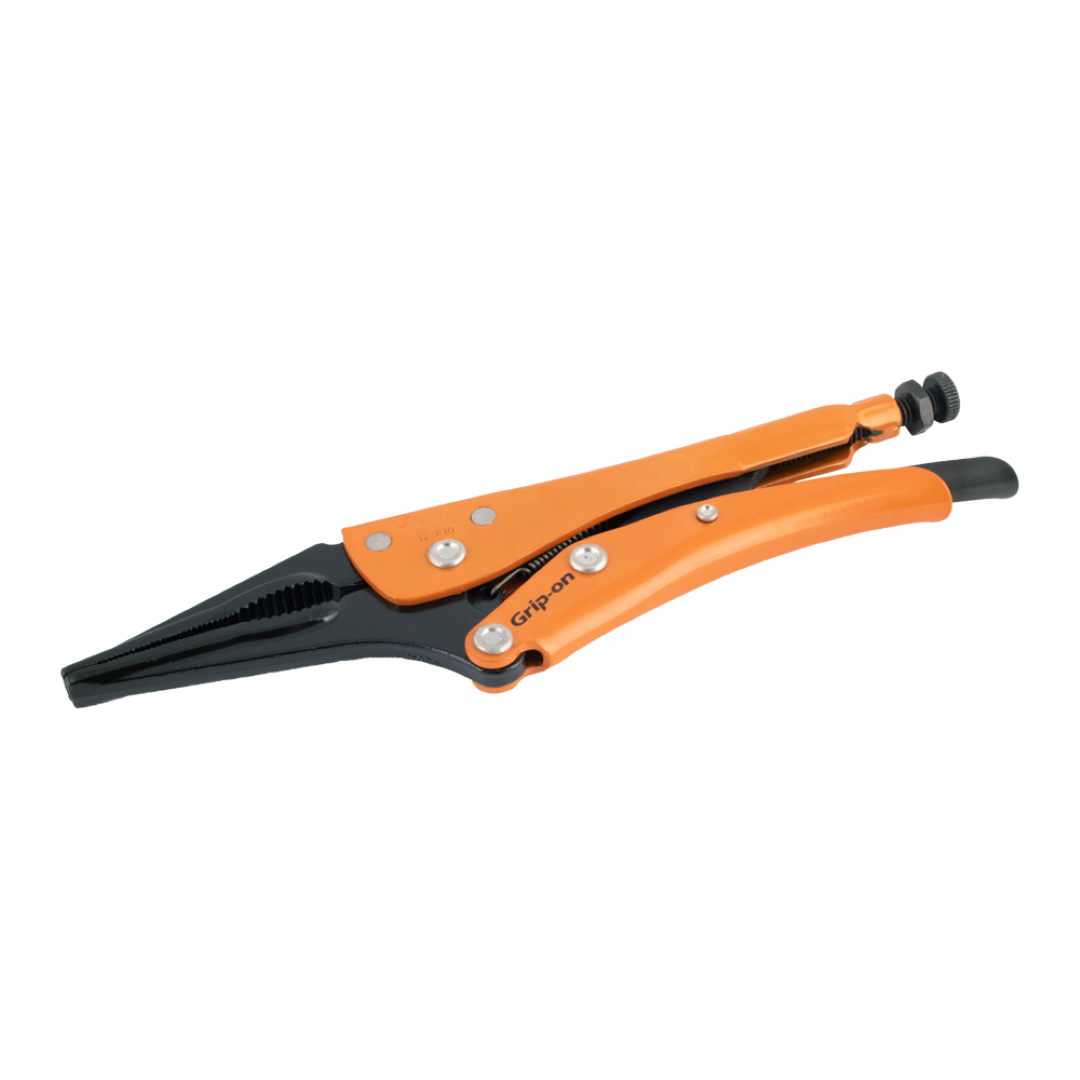 GRIP-ON 230mm Long Nose Locking Plier with slim jaws for tight spaces, ergonomic design, and corrosion-resistant finish.