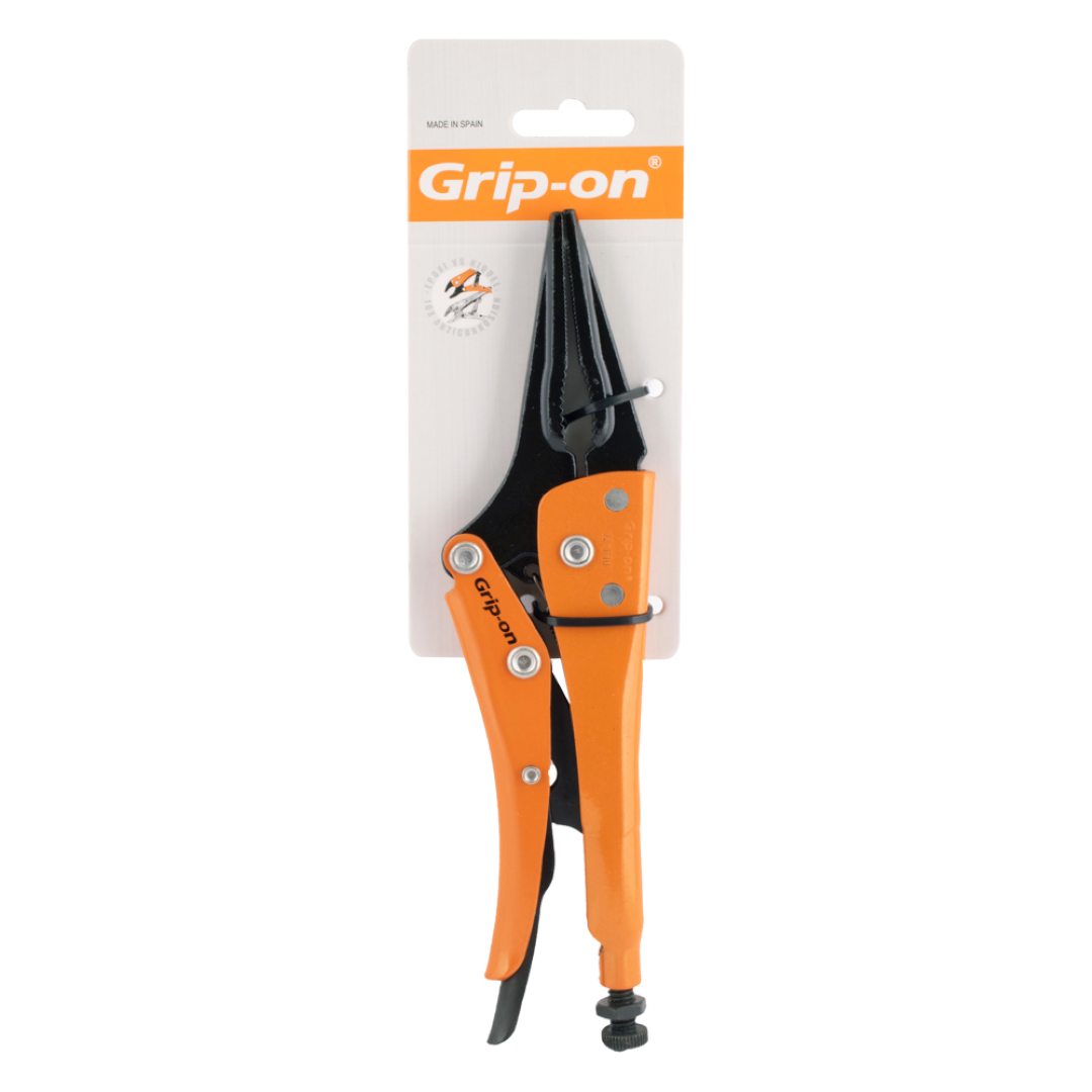 GRIP-ON 230mm Long Nose Locking Plier featuring slim jaws for tight spaces, ergonomic design, and superior forged steel durability.