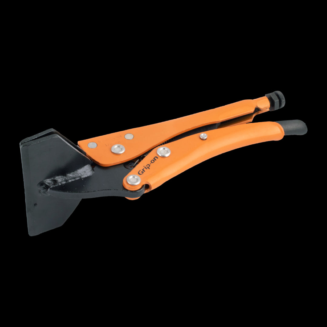 GRIP-ON 200mm Sheet Metal Clamp with wide jaws, ergonomic handle, and adjustable opening for versatile metalwork and safe operation.