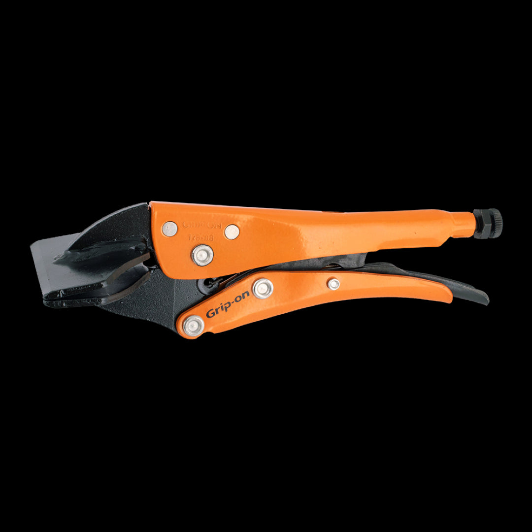 GRIP-ON 200mm Sheet Metal Clamp with wide jaws, adjustable fit, ergonomic handle, and corrosion-resistant forged steel construction.
