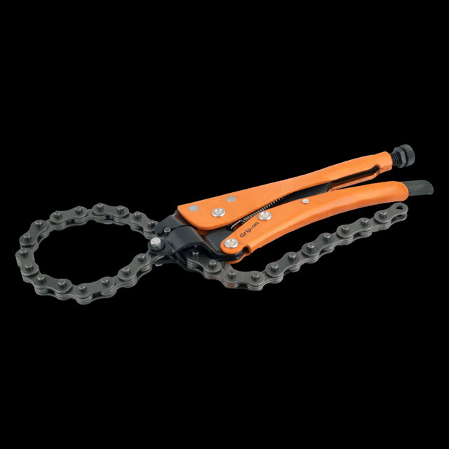 GRIP-ON 250mm Locking Chain Clamp with heat-treated chain, adjustable jaws, and ergonomic design for versatile gripping.