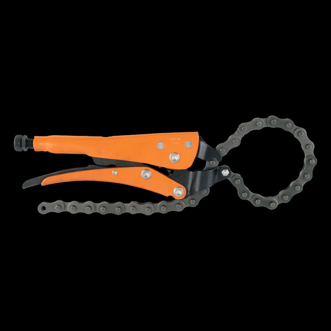 GRIP-ON 250mm Locking Chain Clamp with heat-treated chain, adjustable jaws, and ergonomic design for secure gripping of irregular objects.