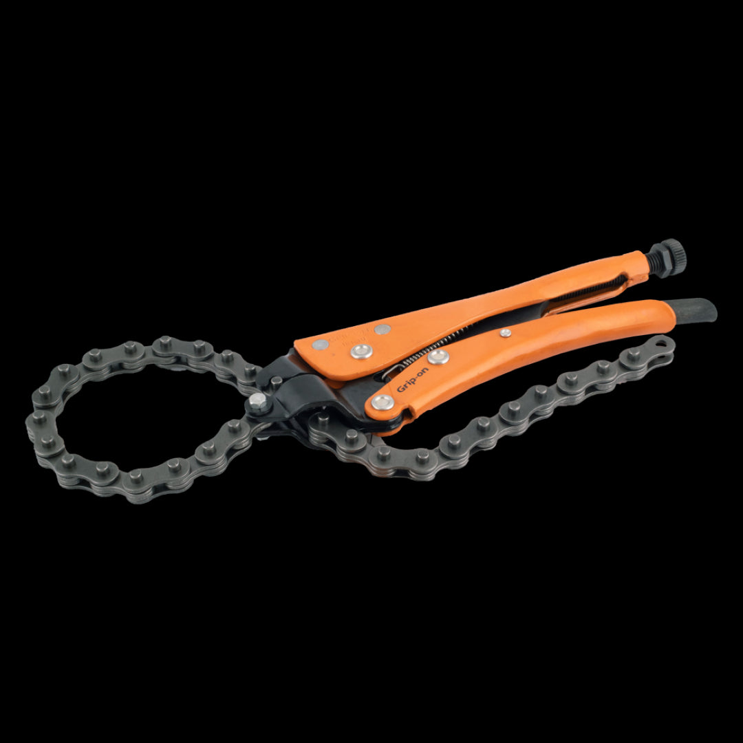 GRIP-ON 250mm Locking Chain Clamp features heat-treated chain, adjustable jaws, and ergonomic design for secure gripping of irregular objects.