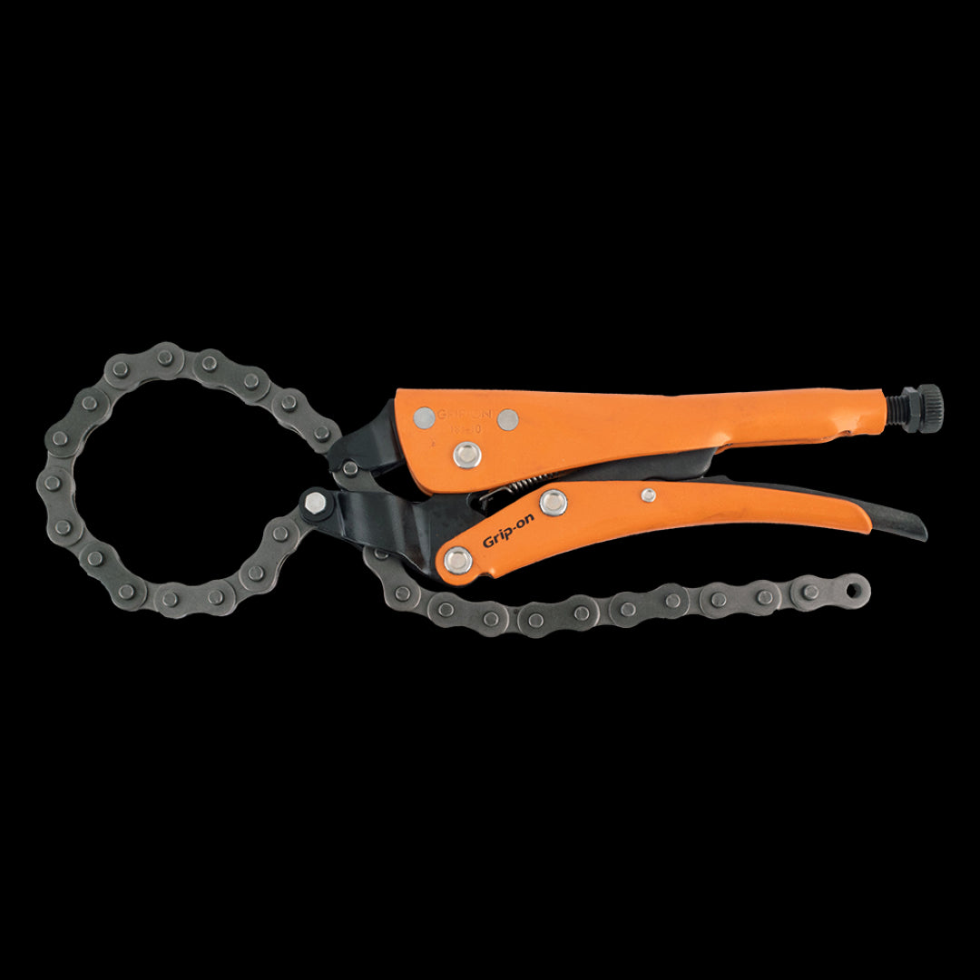 GRIP-ON 250mm Locking Chain Clamp with heat-treated chain, adjustable jaws, and ergonomic design for reliable gripping of irregular objects.