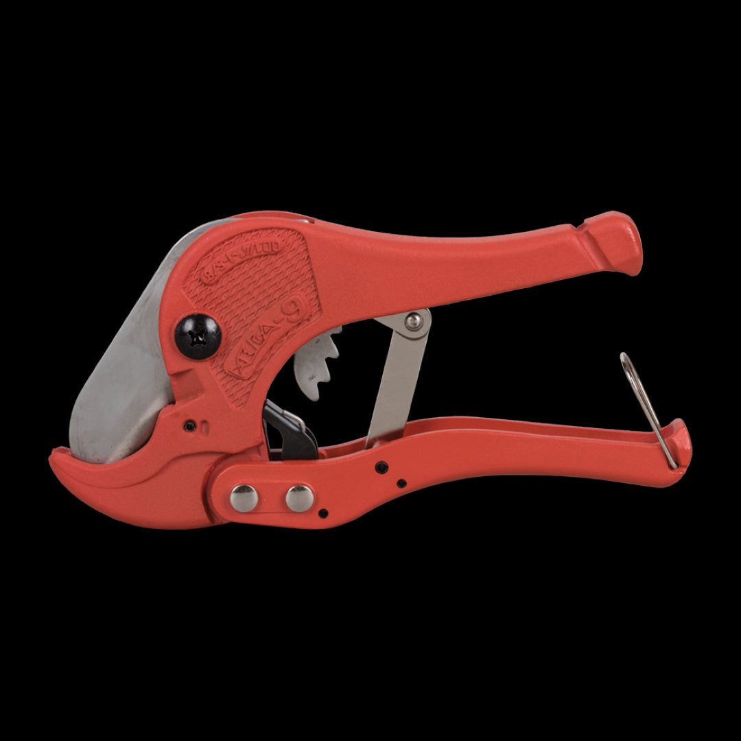 STANWAY PVC Pipe Cutter, cuts pipes 6mm-42mm, features heat-treated blade, ratchet mechanism, and safety lock.