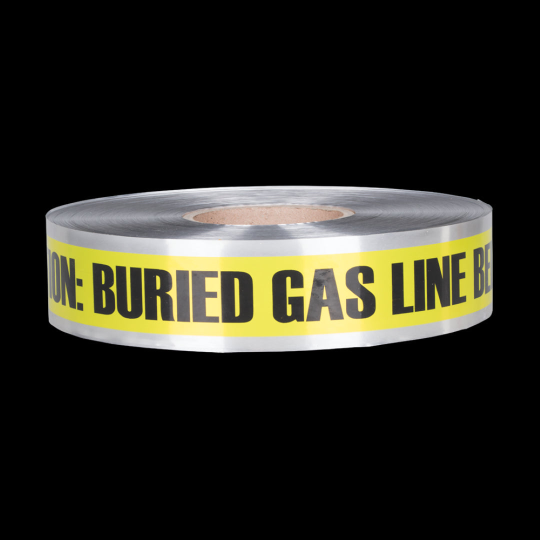STANWAY 333m yellow gas line warning tape with 'Caution: Buried Gas Line Below' for construction and landscaping safety.